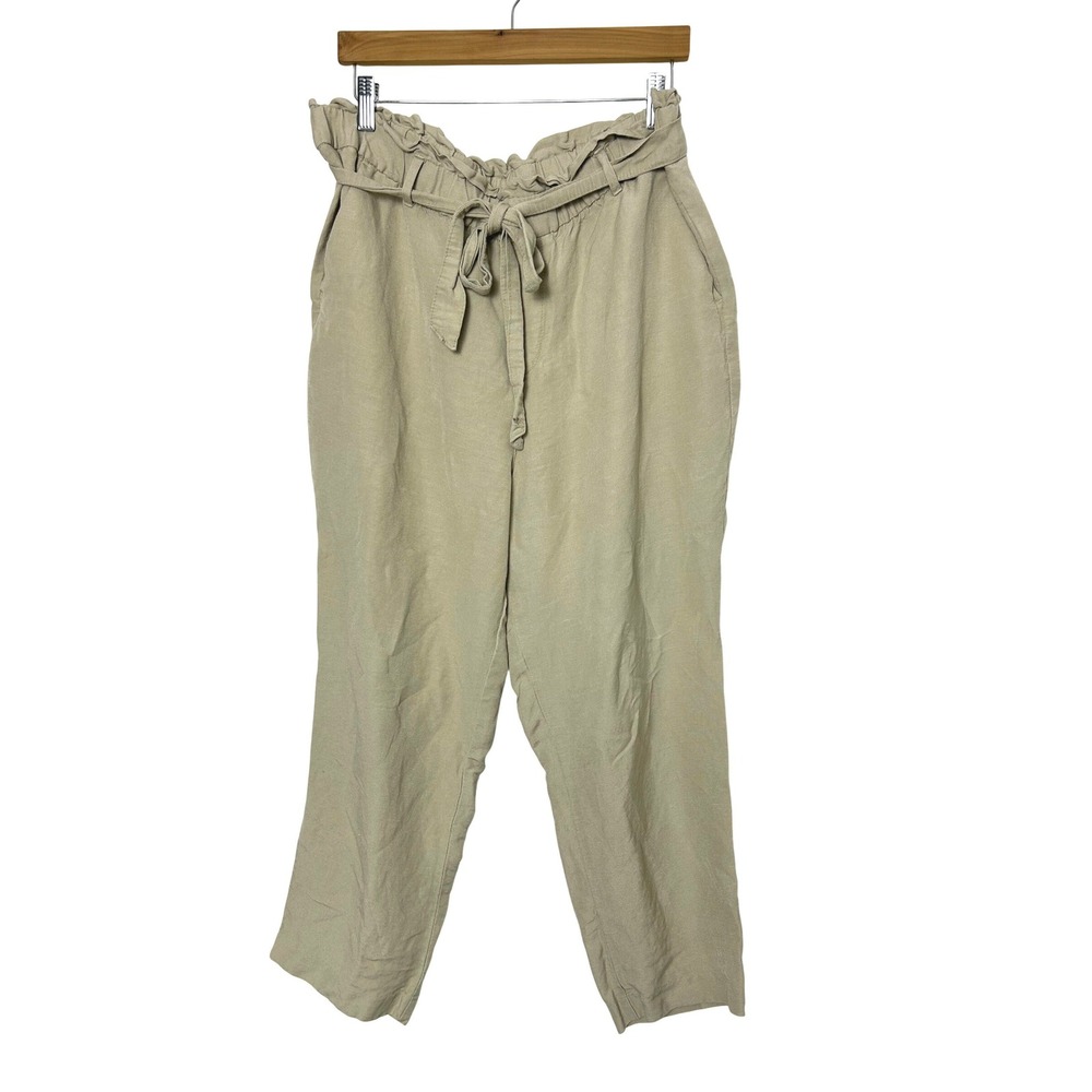 Old Navy Pants Women 14 Beige Linen Blend Paperbag Waist Tie Casual Coastal Boho
